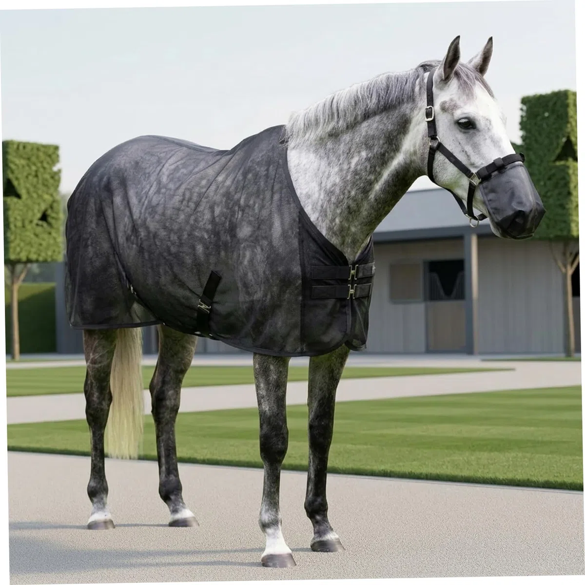 Manta antimoscas para Caballos Manta antimoscas de Malla Ajustable con Protector Nasal Transpirable protección contra Insectos para el Verano para pastos y Exteriores Negro tamaño 187 cm