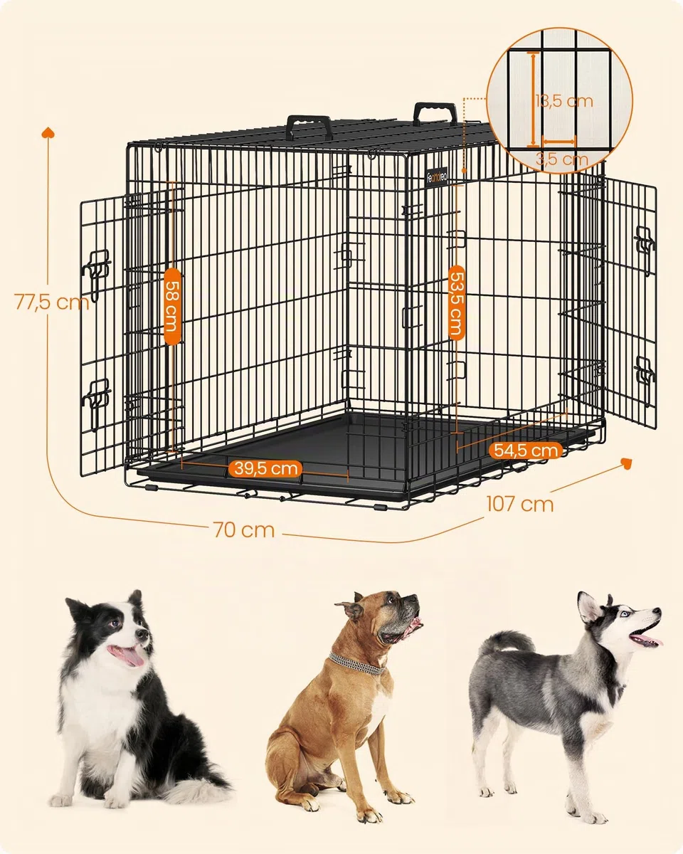 Feandrea Jaula para Perros Plegable con 2 Puertas, Bandeja Extraíble, 107 x 70 x 77,5 cm, XL, Negro PPD42H