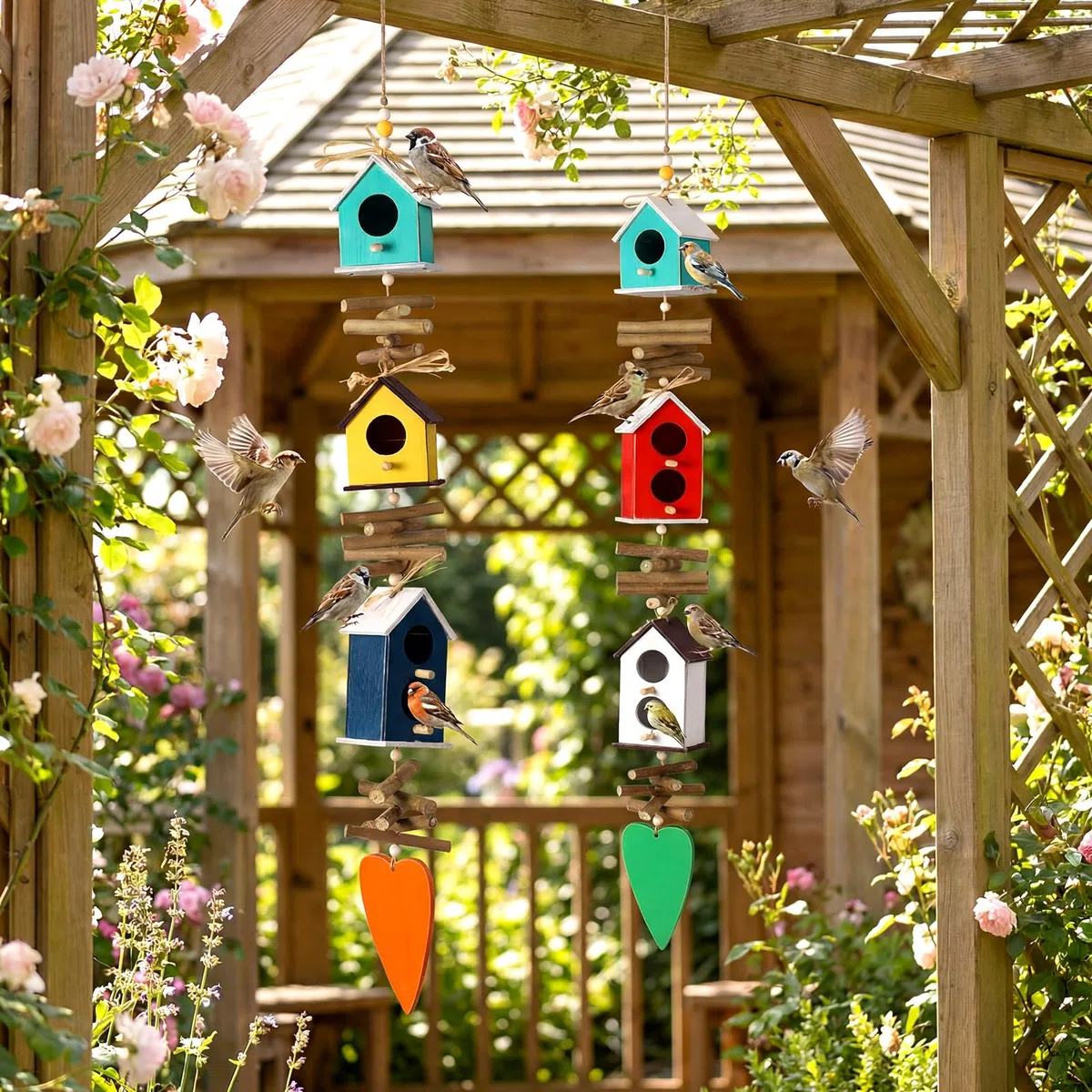 Potchen Paquete de 2 comederos colgantes coloridos para pájaros al aire libre, jardín, aldea, granja, comedero de madera para pájaros para casas de campo, granja, decoración de jardín al aire libre