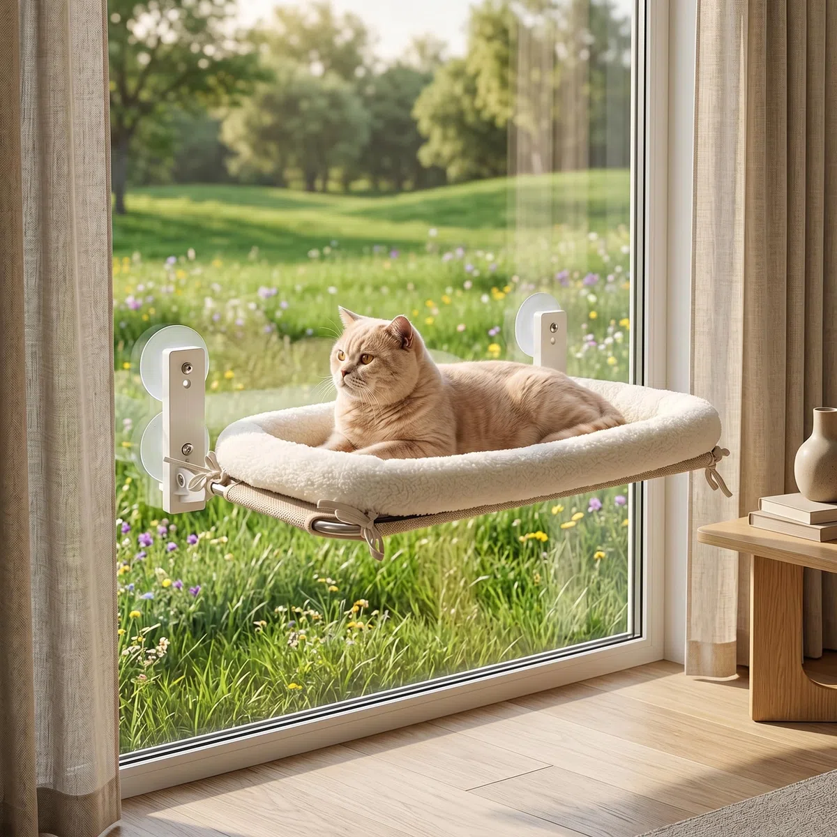 PEFUNY Percha plegable inalámbrica para ventana de gato, hamaca para ventana y pared, con 4 ventosas, marco resistente para ventanas de vidrio y paredes interiores (blanco con cama grande)