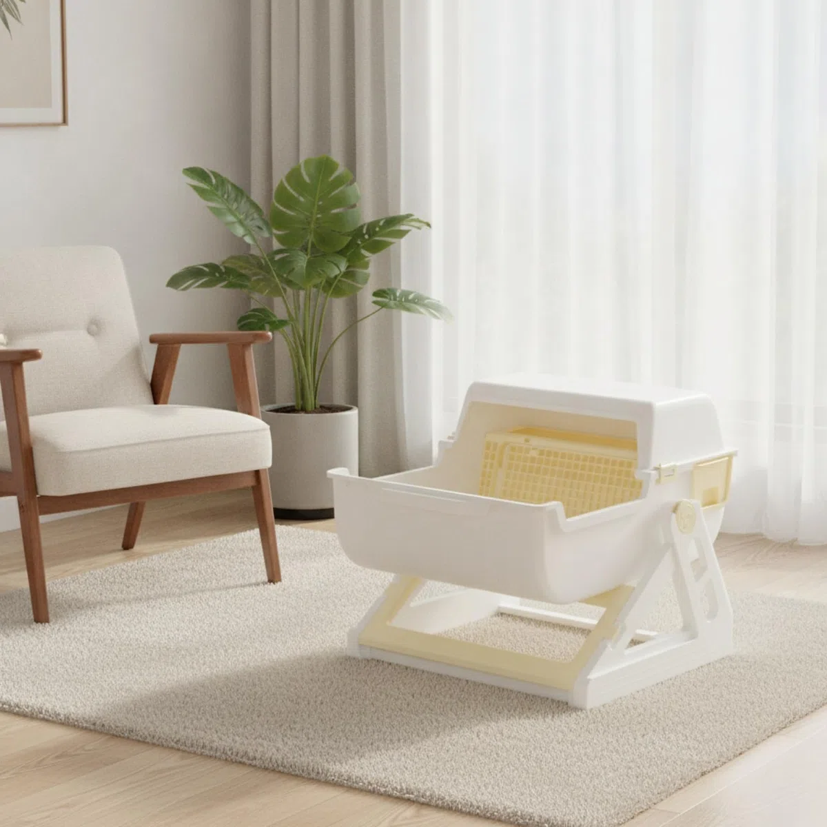 Arenero Semiautomático Amplio Arenero con Rejilla Separación Resistente Caja Semicerrada para s, Casa, Gris Blanco