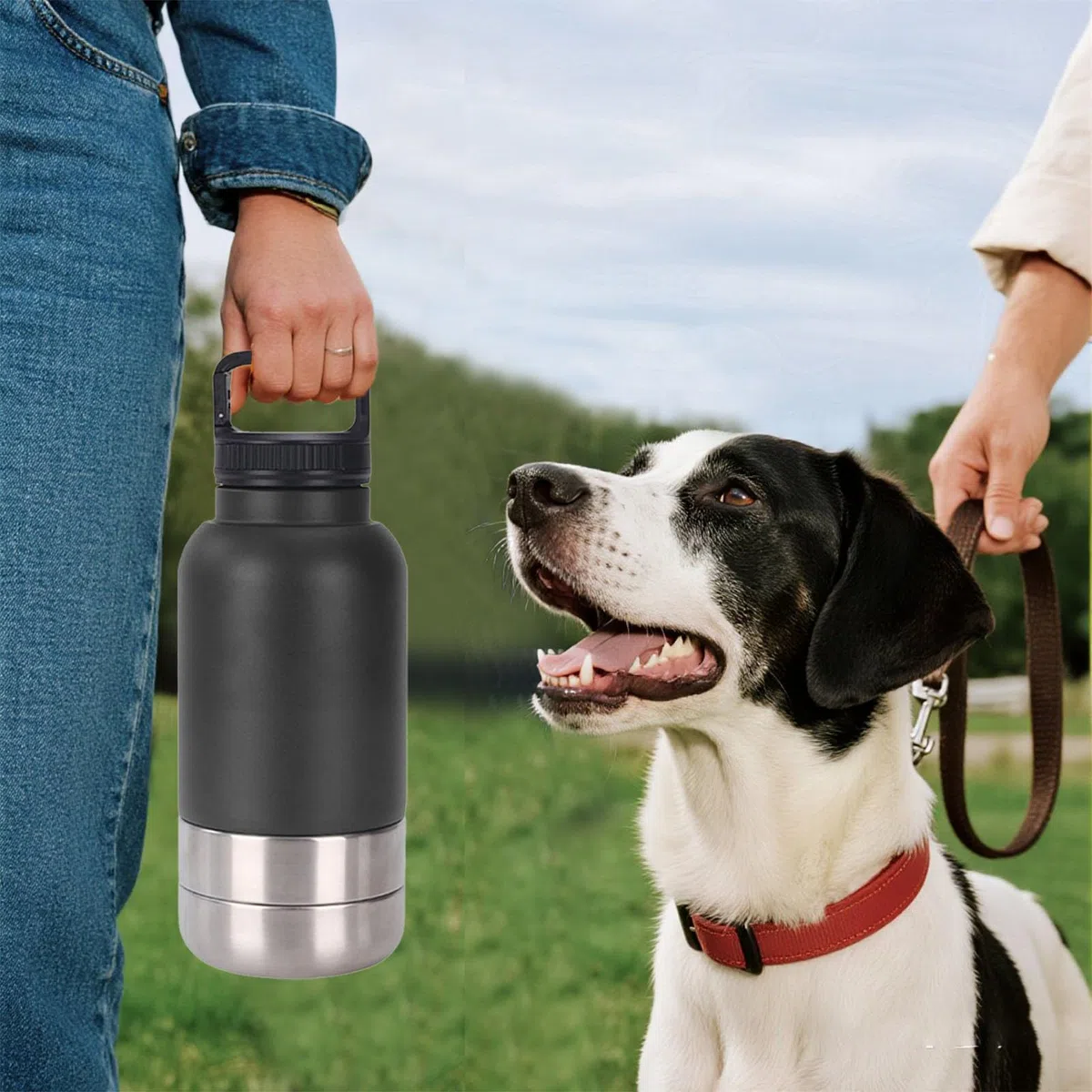 Botella de agua para perros de acero inoxidable aislada con cuenco desmontable para alimentos y cuenco de agua, botella de agua portátil para perros, adecuada para caminar, viajar, acampar 3102