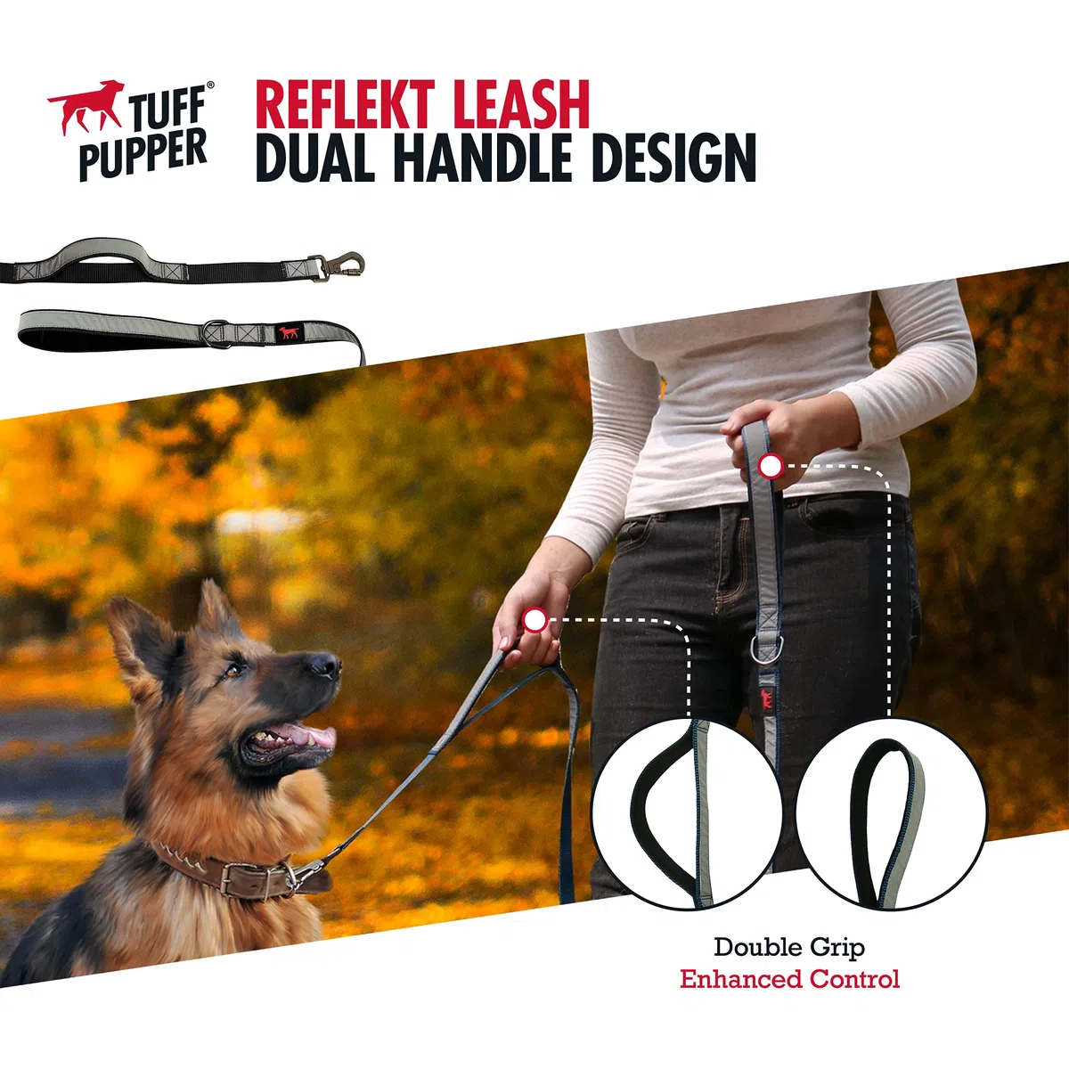 Tuff Pupper Correa de Perro Resistente, Correa de Perro de Doble asa para Sujetar Perros Fuertes, Correa de Perro de 6 pies con Clip bloqueable para Seguridad Marcha Roja 6 pies de Largo