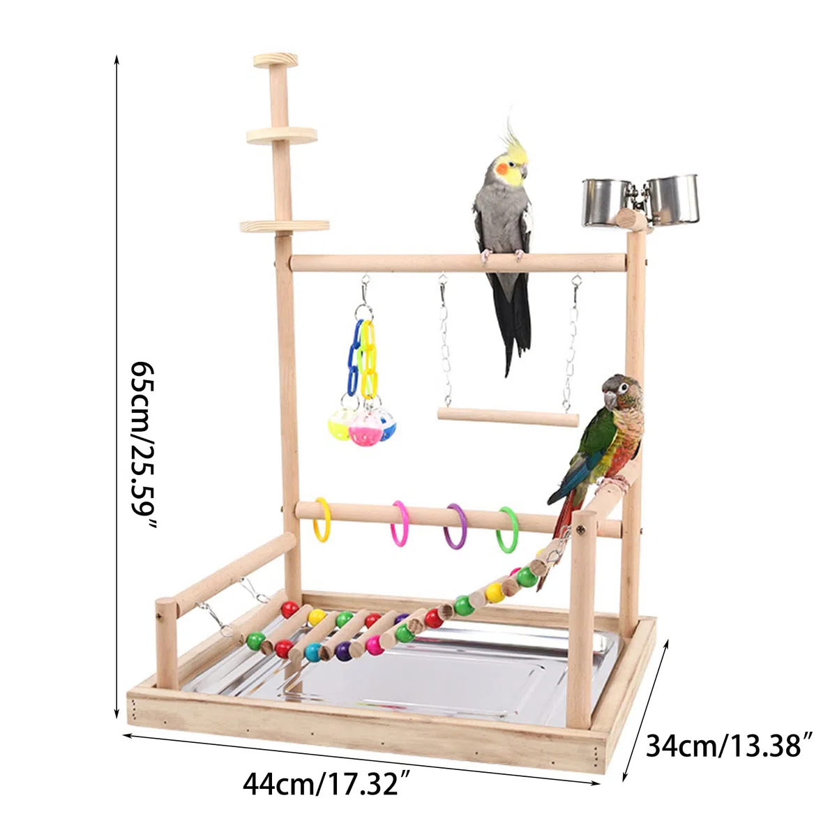 Jaula para pájaros, juguete para masticar, escalera, columpio, loros, perca, centro de actividades con tazas de alimentación, soporte de madera natural para pájaros, con cuencos, grande para