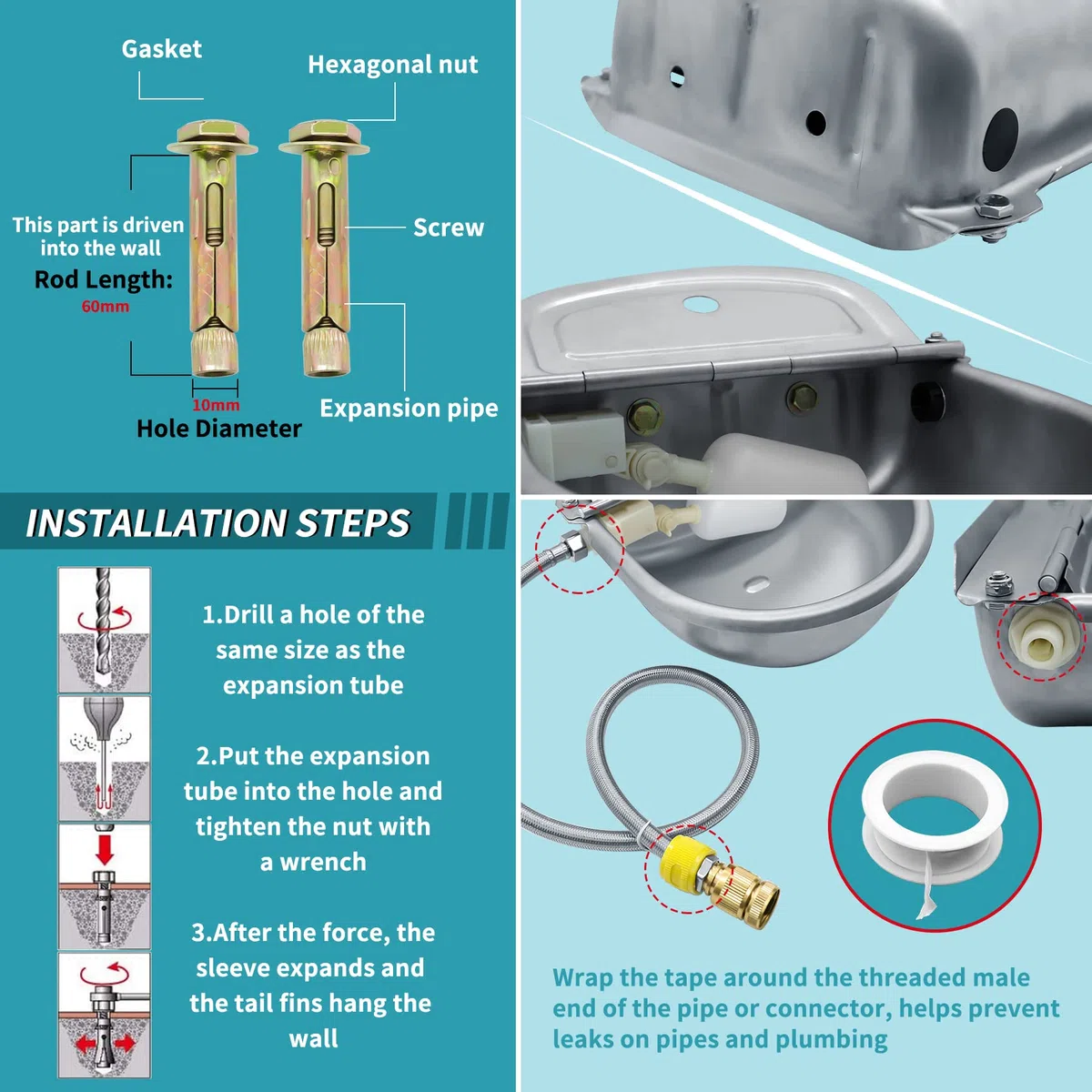 Cuenco automático de agua potable para animales, de acero inoxidable 304 para perro, caballo, cabra, cerdo, vaca, dispensador de agua de ganado con manguera de tubo, 2 válvulas flotantes, conector