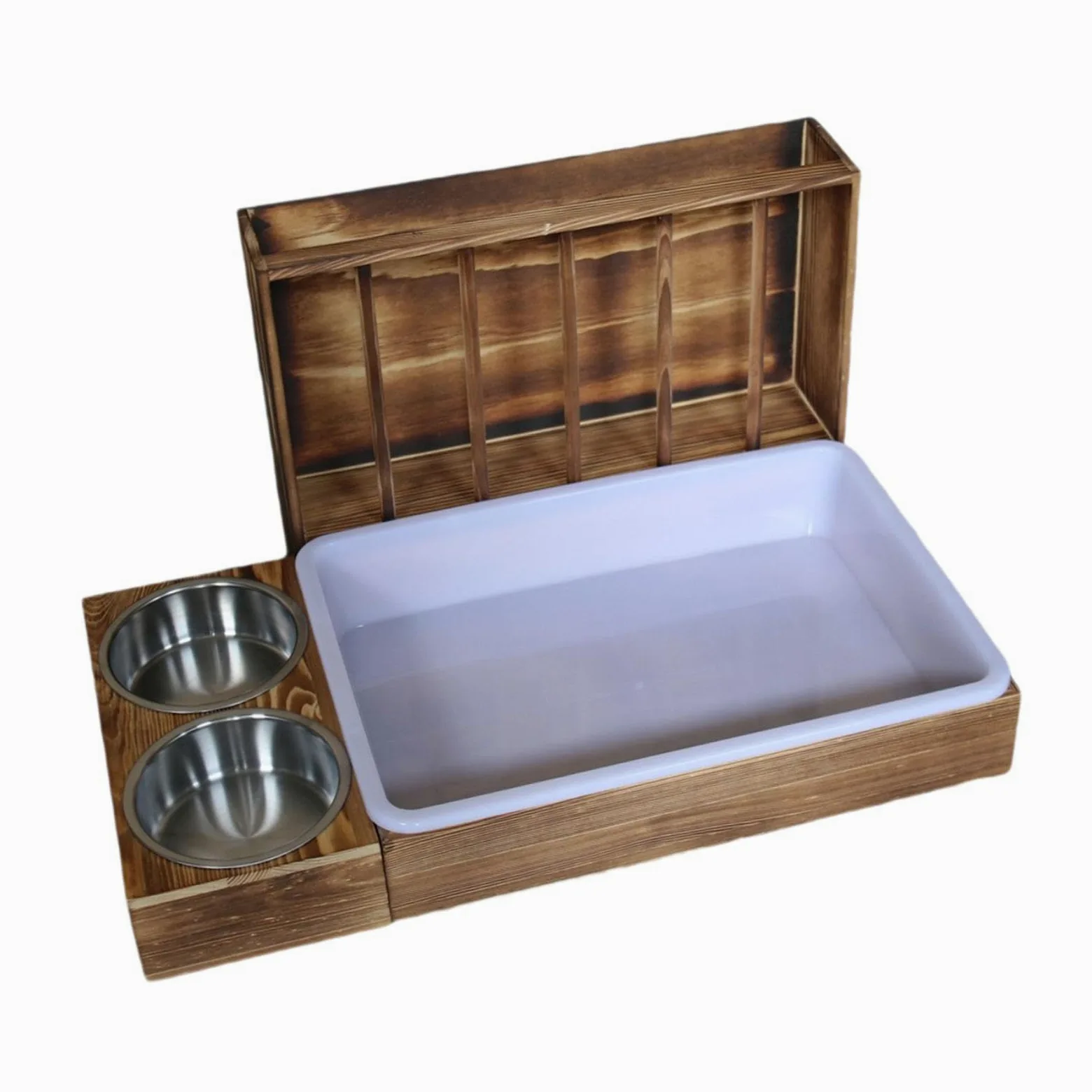 Comedero para conejos de madera con bandeja de arena para gatos, cuencos, bandeja de agua para chinchillas, bandeja de arena para gatos, comedero para heno