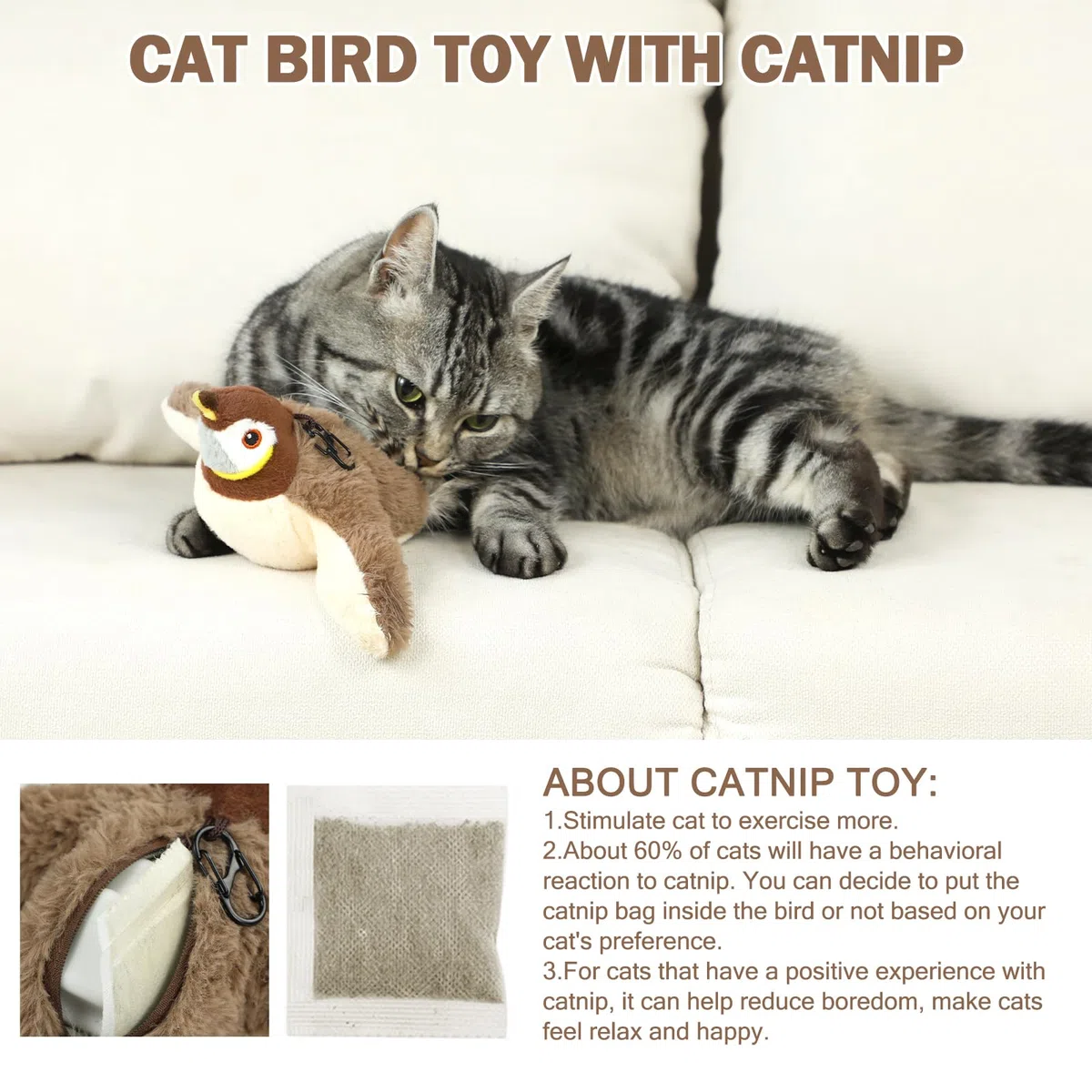 Tocirelo Juguetes para gatos de interior – Juguete interactivo para gatos con hierba gatera, juguetes de pájaros simulados recargables para gatos, gorrión (sin volar)