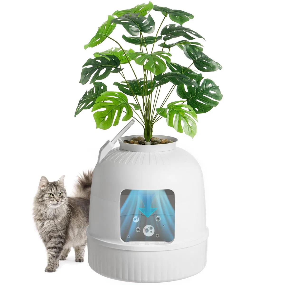 Lifewit Arenero Gato con Desodorizante y Filtro de Carbón, Arenero Maceta para Sala de Estar, Dormitorio, Esquinas, Cagadero Gatos Cerrado con Planta Artificial, Pala, 48 x 120 cm, Blanco