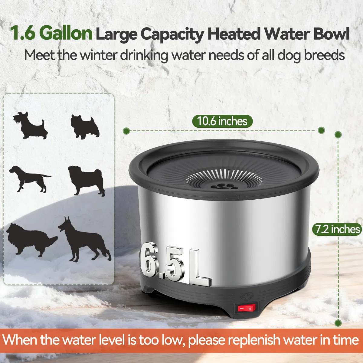 Cuenco térmico para perros de 6,5 L, cuenco de agua caliente de acero inoxidable para exteriores | Gran capacidad, diseño de bebida lenta, agua tibia para perros en invierno, control de termostato, cuenco sin congelación
