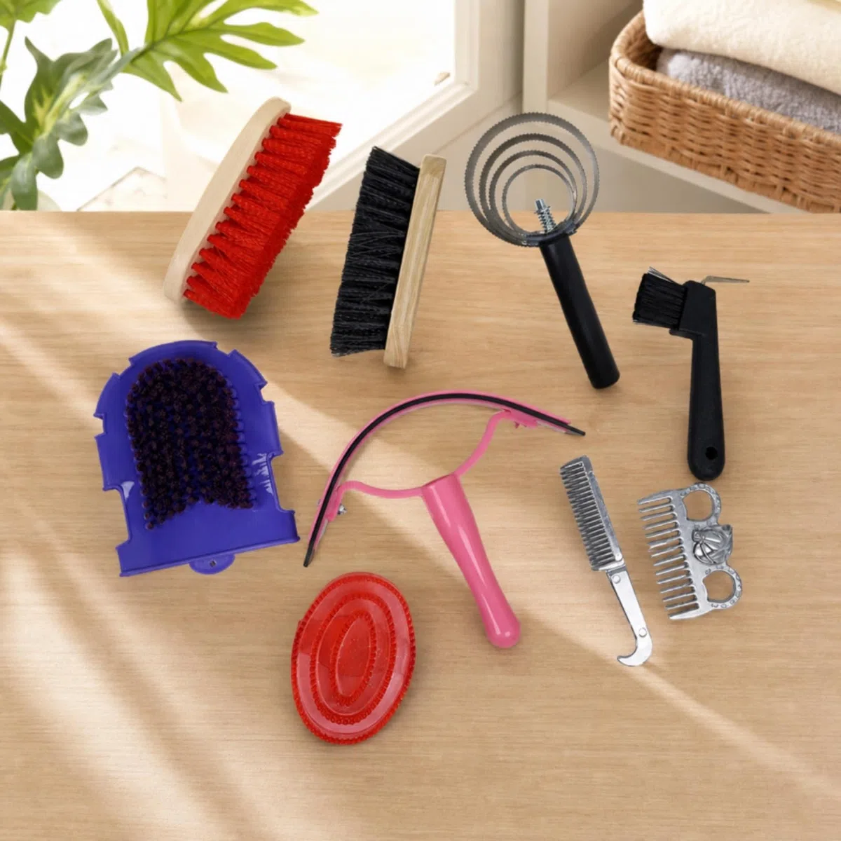 9 Piezas Cepillos para Cuidado Cepillo de Crin Peine Metálico de Goma Cepillo de Mano con Bolsa Impermeable y Mango de Madera Adecuado para Viajes Ecuestres