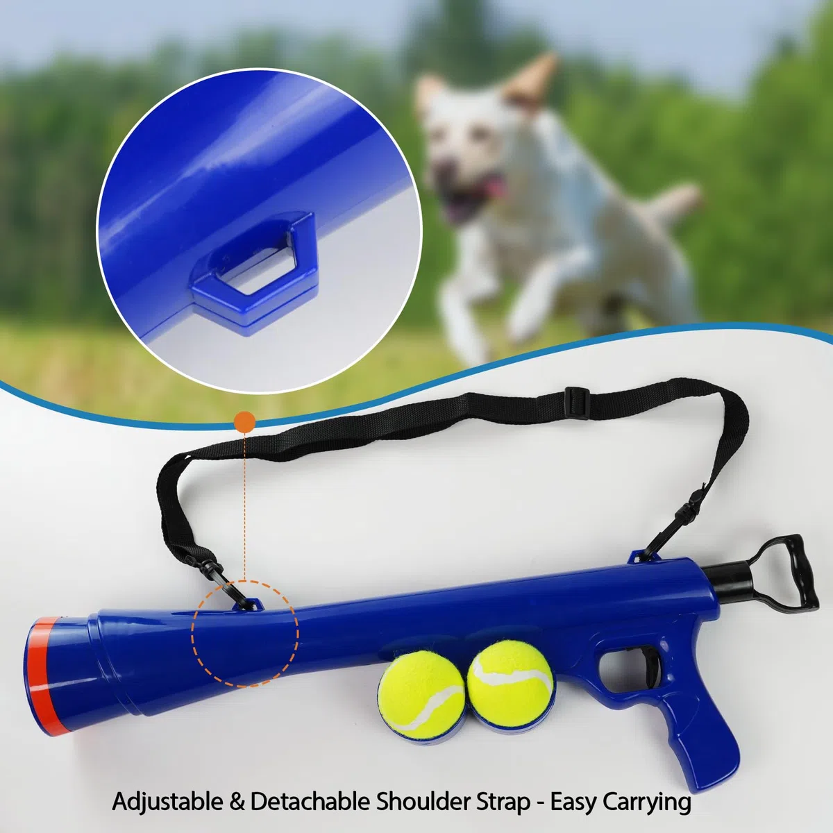 Lanzador de pelotas de perro para mascotas, lanzador de pelotas de perro con 2 pelotas de tenis y correa para el hombro, juguete lanzador de bolas de largo alcance de 23.4 pulgadas para
