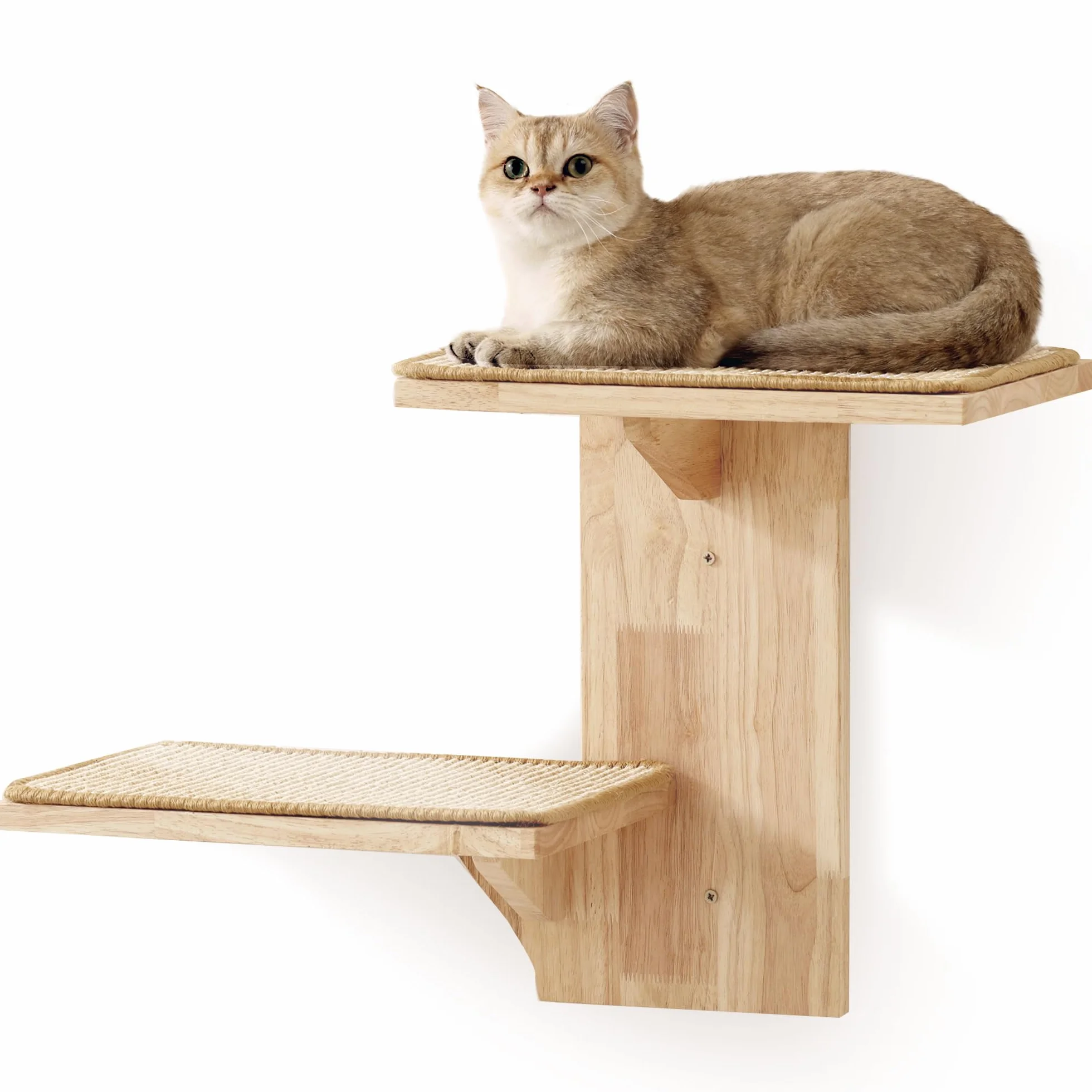 FUKUMARU Mueble de Pared para Gatos con 2 Plataformas, Hecho de Madera de Caucho Sólido, 40,6 cm, Montado en la Pared con Alfombrilla de Sisal, Estantes de Pared para Escalar, Jugar y Rascar