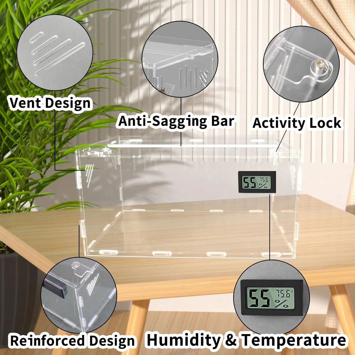 Terrarios de reptiles, con higrómetro de temperatura, 15.7 x 9.9 x 7.1 pulgadas, caja de cría de reptiles acrílicos, tanque de jaula de terrario para reptiles pequeños, insectos, oficina en casa