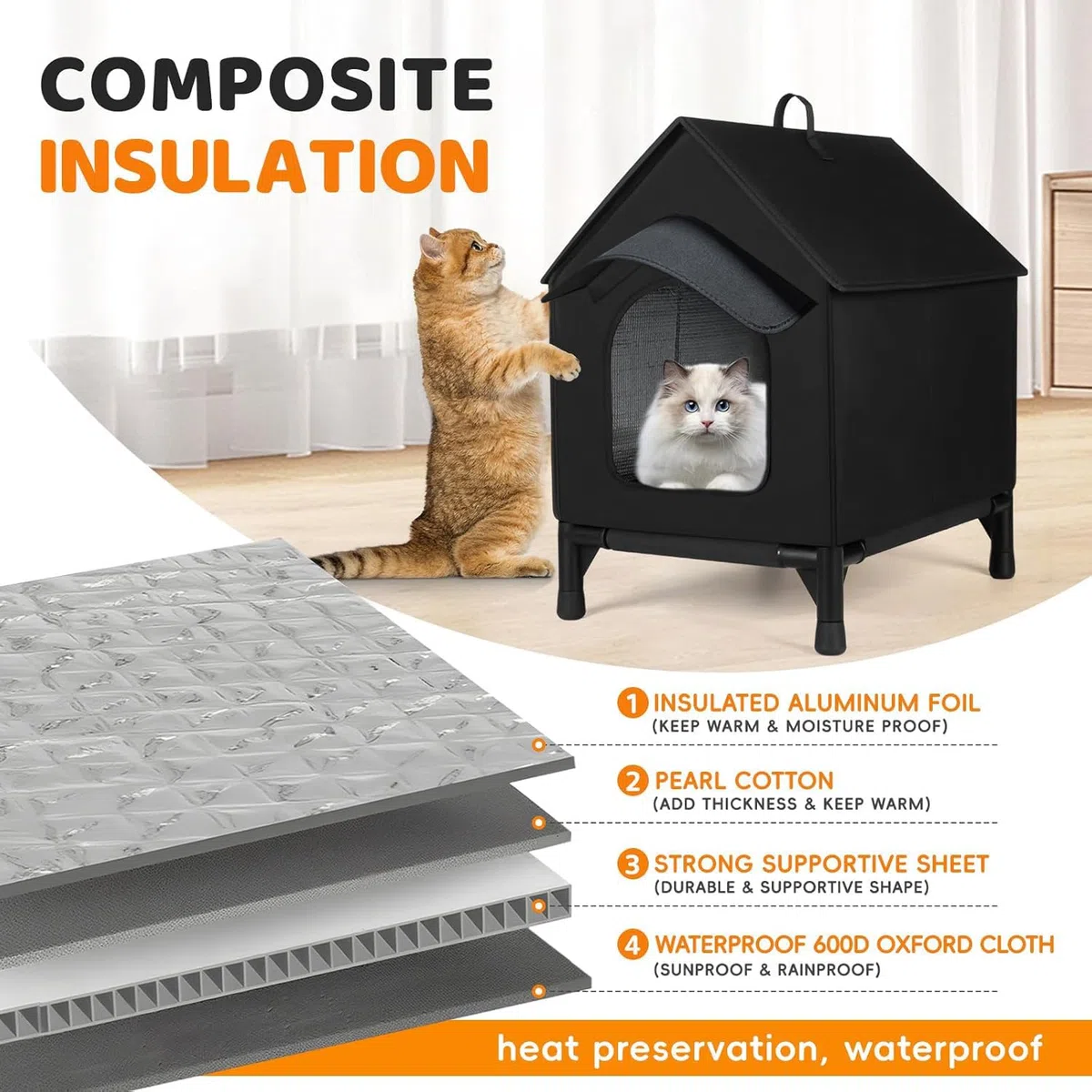 Casa para gatos con aleros desmontables adicionales, para gatos de interior y exterior en verano e invierno, actualización impermeable, refugio totalmente aislado para gatos callejeros y salvajes (L