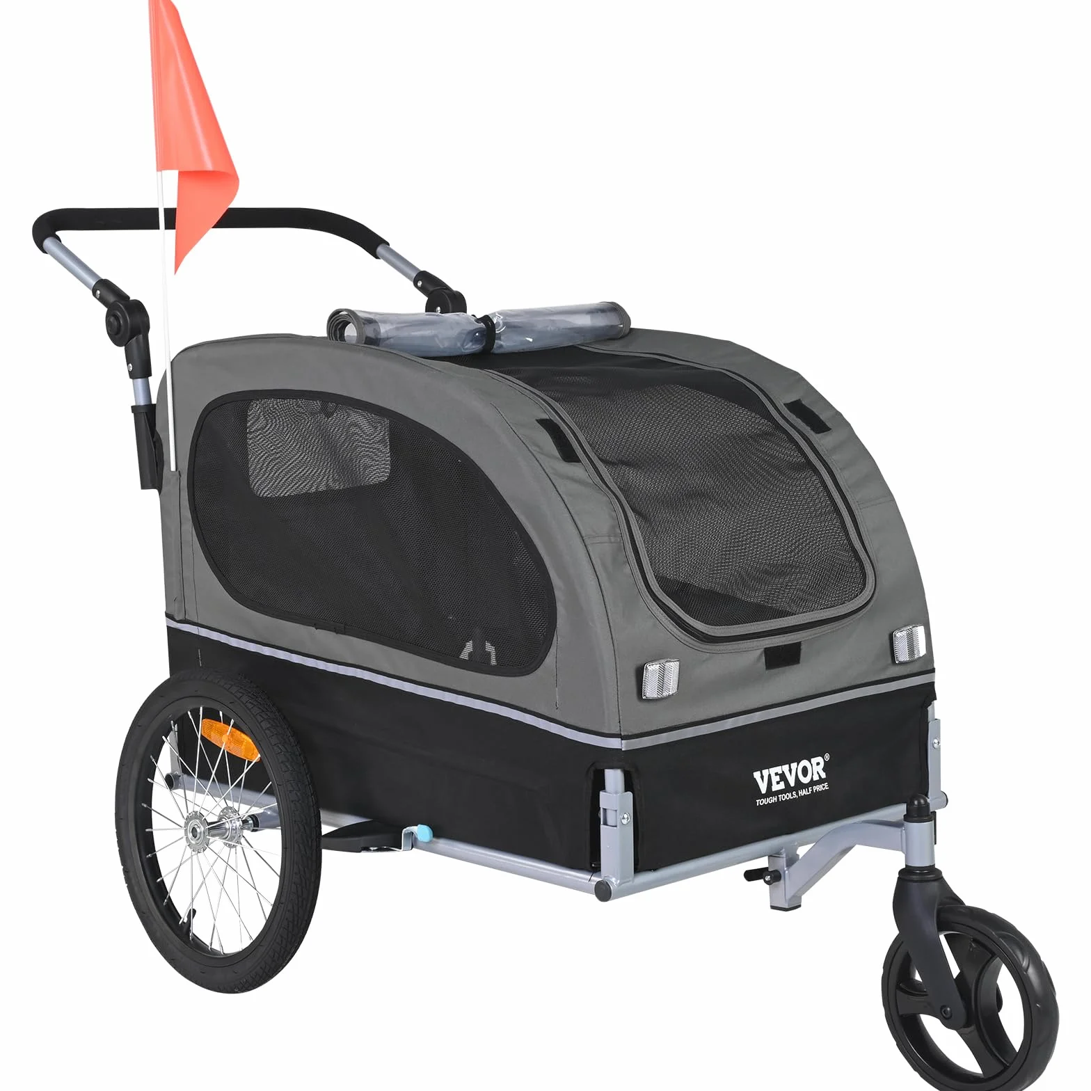 VEVOR Remolque Plegable para Bicicleta para Perros Carga de 450kg Cochecito para Mascotas 2 en 1, Marco Fácil de Plegar con Ruedas de Liberación Rápida, Acoplador Universal para Bicicleta, Reflectores