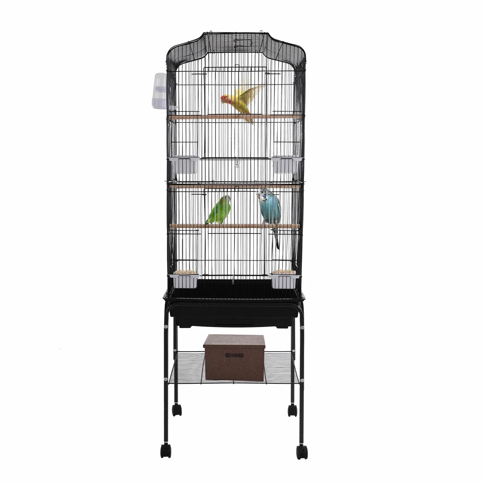 Jaula grande para pájaros con ruedas, para periquitos y loros, con soporte y bandeja de almacenamiento, de metal, con bandeja extensible, 137,5 cm de alto, color negro