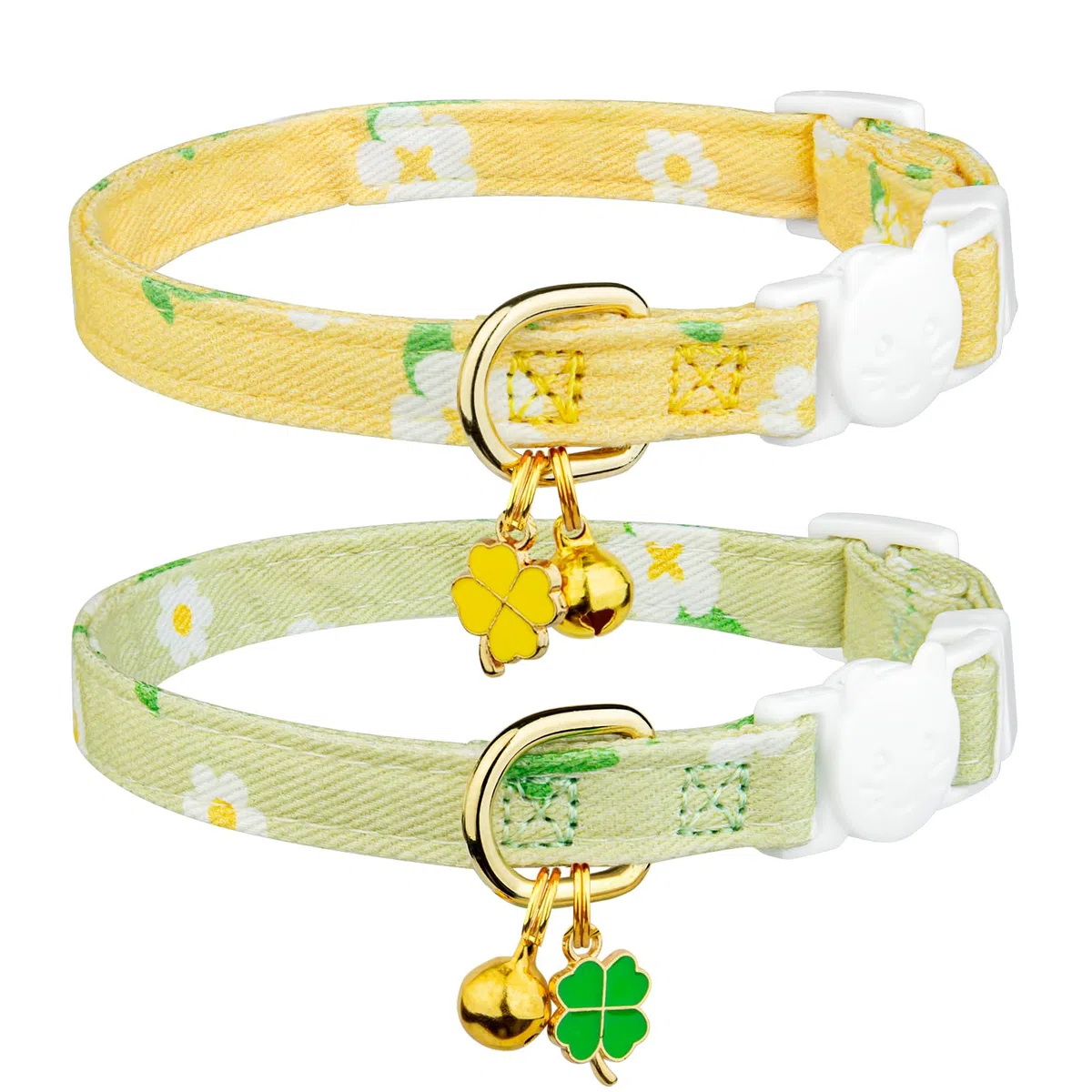 Paquete de 2 collares de algodón para gatos, colgante de flores verdes y amarillas, collar de gato lindo con campana, ideal para niñas, gatos, niños y gatos