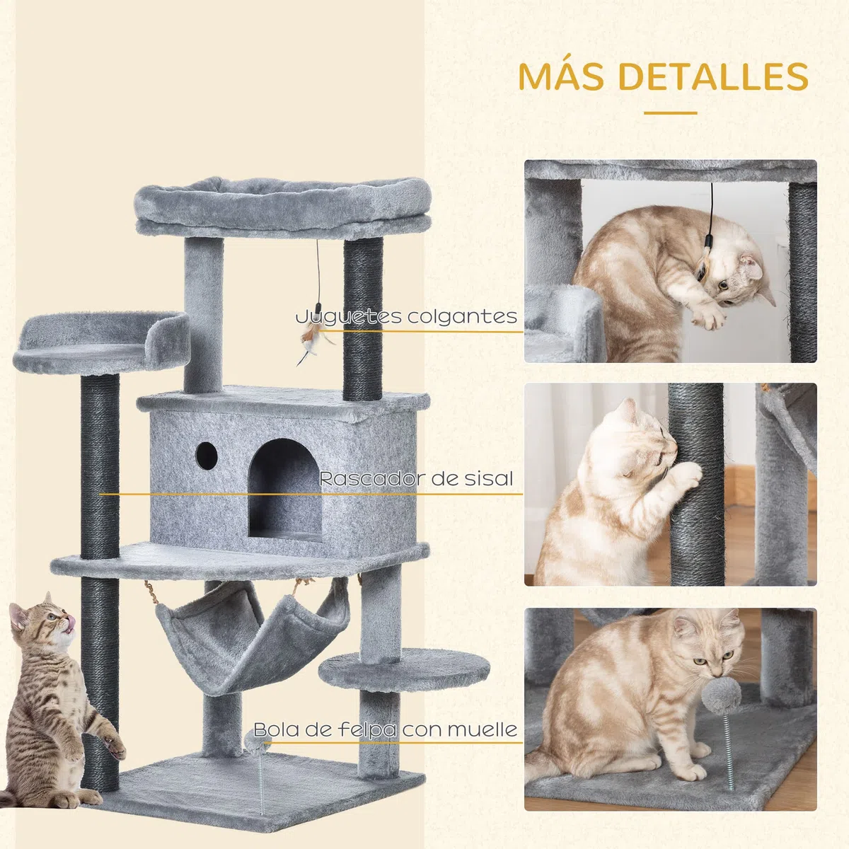 PawHut Árbol Rascador para Gatos 48x48x107 cm con Cueva de Fieltro Desmontable Hamaca Camas de Felpa Múltiples Plataformas Postes Rascadores de Sisal y Juguetes Gris | Cueva de Fieltro Desmontable, Camas de Felpa, Múltiples Plataformas, Postes de Sisal, J
