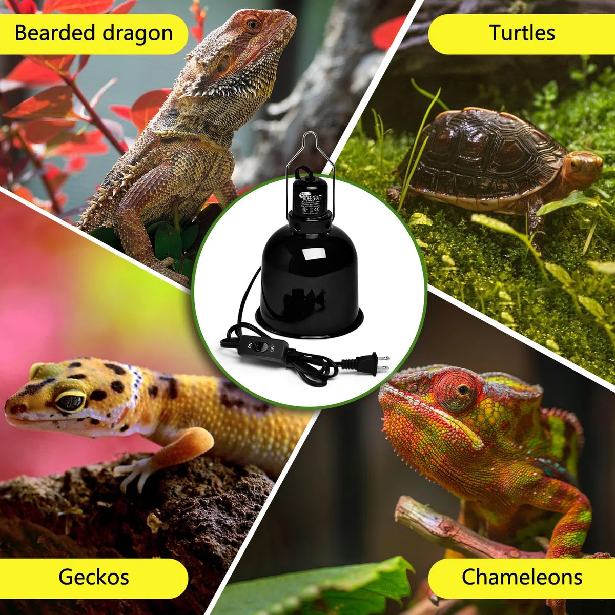 Lámpara de reptil de 14 cm de profundidad con interruptor, cubierta reflectante óptica para bombillas UVB/UVA y emisores de calor de cerámica