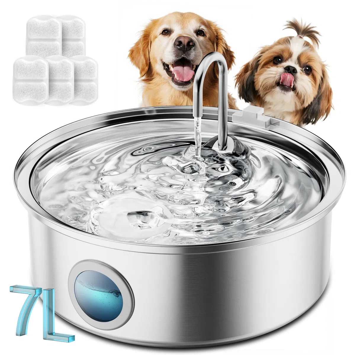 Oneisall Fuente de agua para perros PWF002 | 7L/6,520.4 g contiene 5 filtros de juego, 25 dB silencioso, acero inoxidable, agua visual, filtración de 5 capas