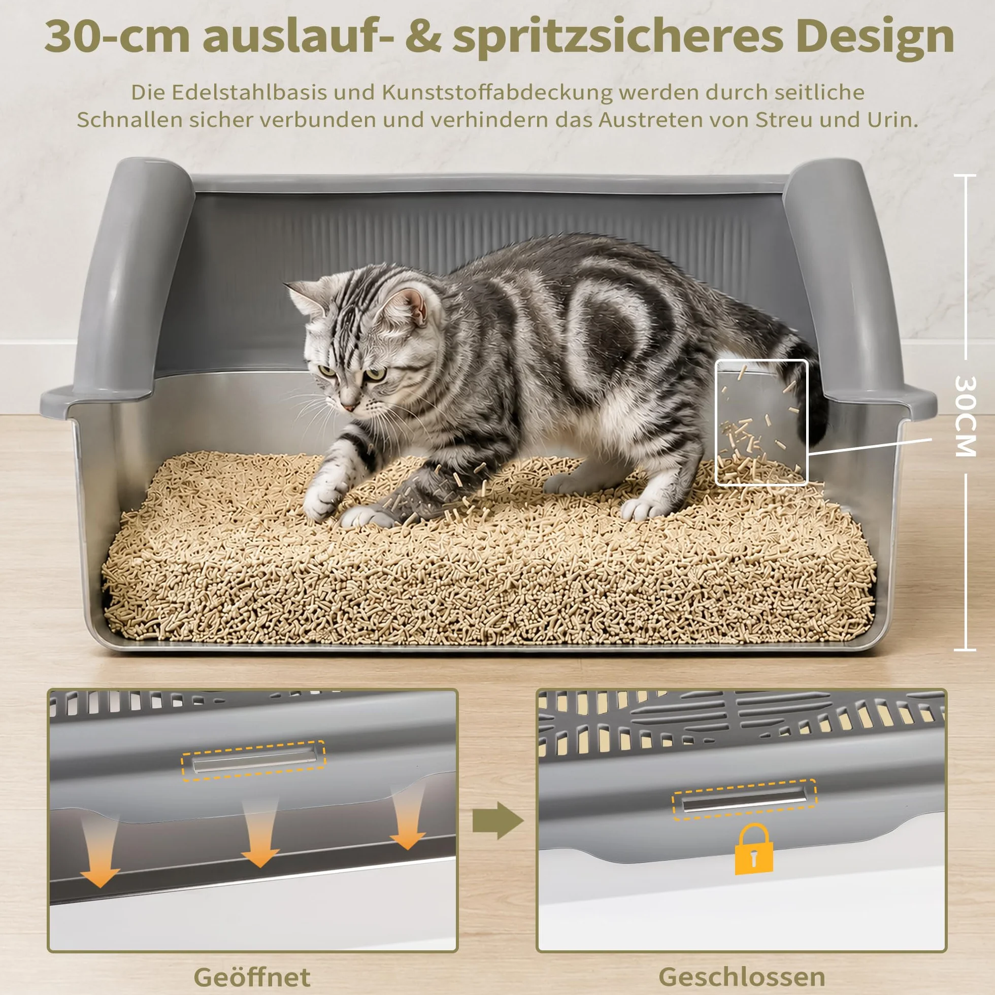 Caja de arena para gatos de acero inoxidable XXXL con adhesivo DIY (60 x 40 x 30 cm), 37 L, acero inoxidable con tapa, gran capacidad, a prueba de fugas y salpicaduras, fácil de poner y quitar, fácil