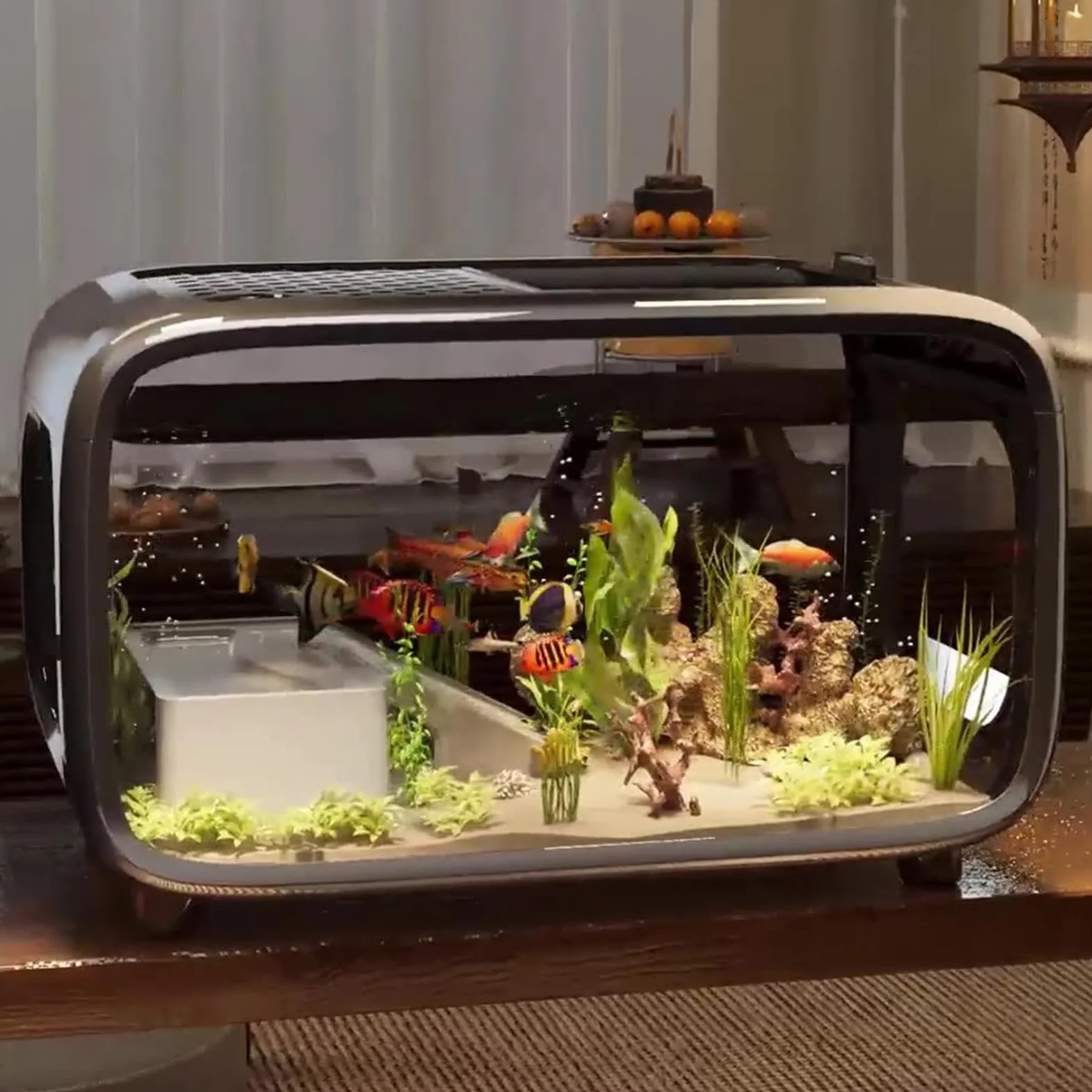 Acuario Pecera De Escritorio para Tortugas con Decoración De Escala | Recipiente De Paisaje Acrílico Transparente Con Orificio Para Alimentación Para Animales Acuáticos Como Betta