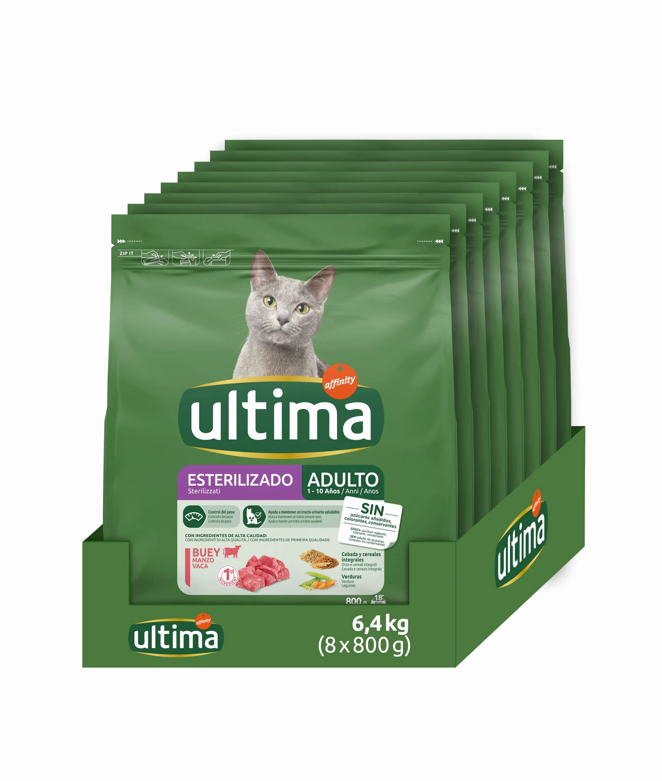 ultima Pienso para Gatos Esterilizados Adultos con Salmón, Pack de 8 x 800 gr - Total: 6.4k g & Pienso para Gatos Esterilizados Adultos con Buey, Pack de 8 x 800g - Total: 6.4kg