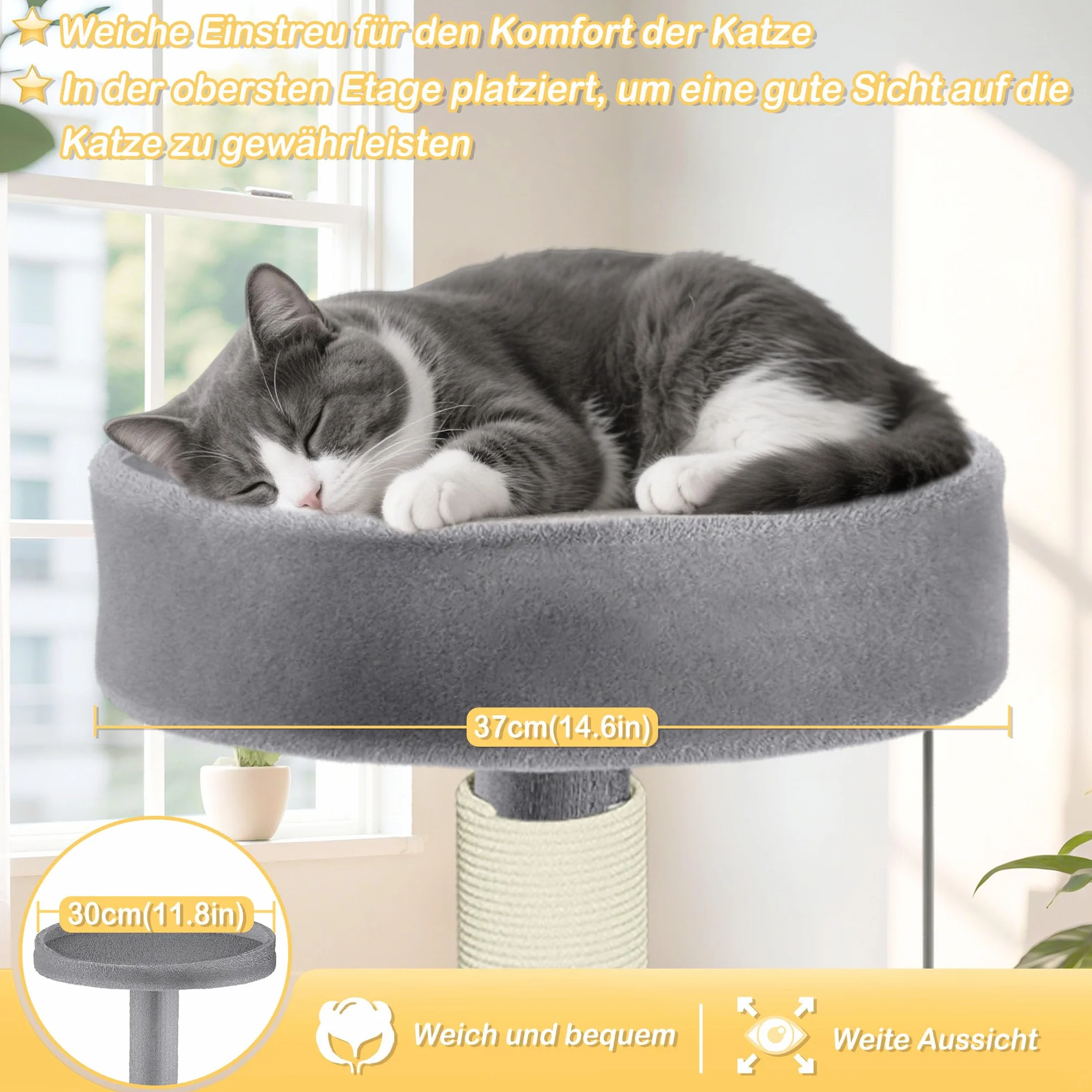 NAIZY Rascador grande para gatos, 49 x 49 x 130 cm, XXL, con columnas de sisal y cueva para gatos, antideslizante, gris K1254