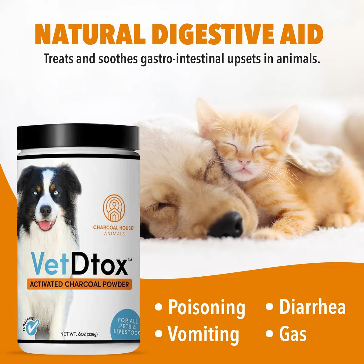 Polvo de carbón activado VetDtox para mascotas y ganado para intoxicaciones, salud, mascotas, pollos, caballos más