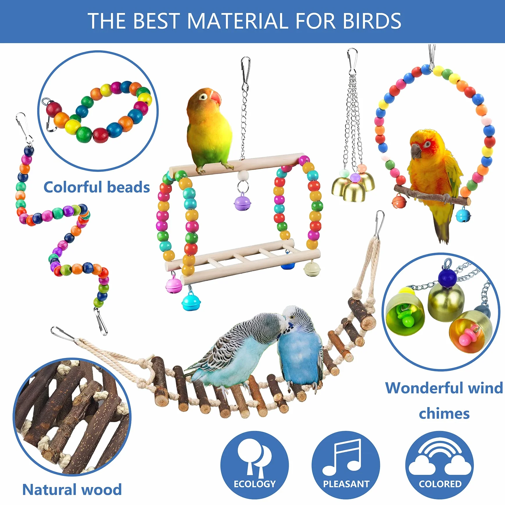 22 paquetes de juguetes para pájaros, periquitos, cacatúas, juguete colgante para masticar con campanas seguras, jaula de pájaros colorida cuerda de pie de madera natural, escalera de