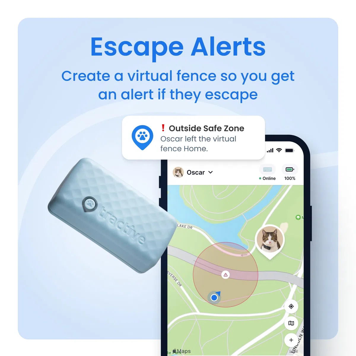 Tractive Rastreador GPS y monitoreo de salud para gatos (6.5 libras +) – Rastreador de ubicación GPS para mascotas líder en el mercado | Alertas de bienestar y escape | Impermeable | Funciona con