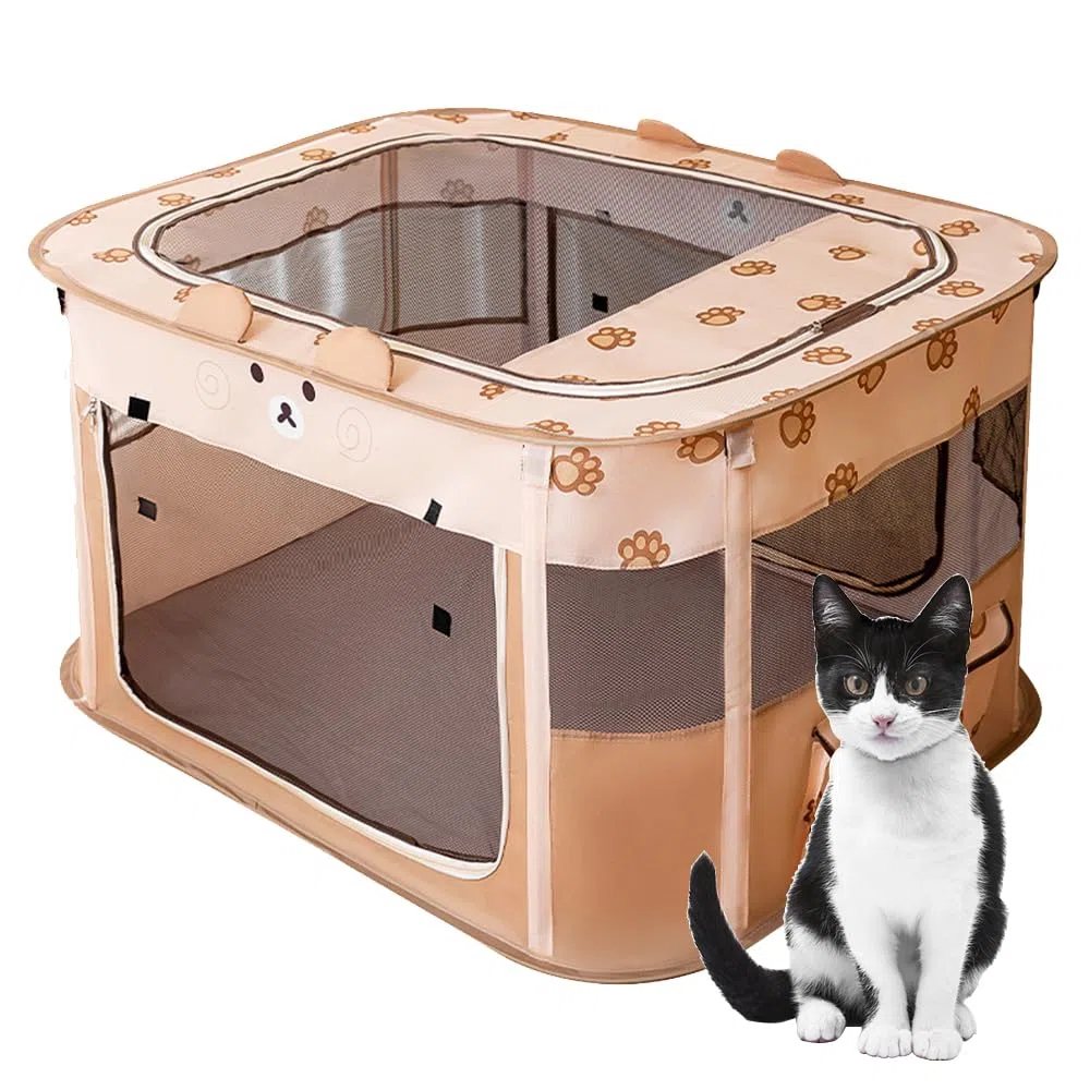 Parque plegable para mascotas, jaula portátil para cachorros, perros, gatitos, gatos, interiores y exteriores, valla de tienda de campaña para mascotas (XL, marrón)