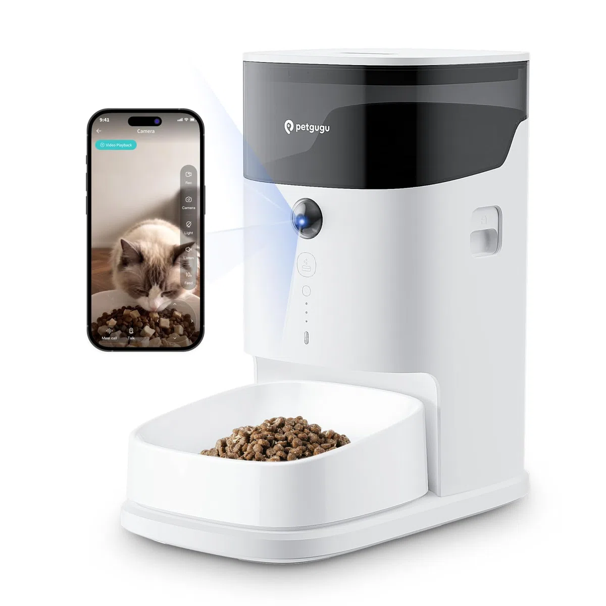 PETGUGU Comedero Gato Automático con App, Dispensador Comida Gatos Inteligente con Cámara y Voz, Temporizador y Cuencos Cerámicos