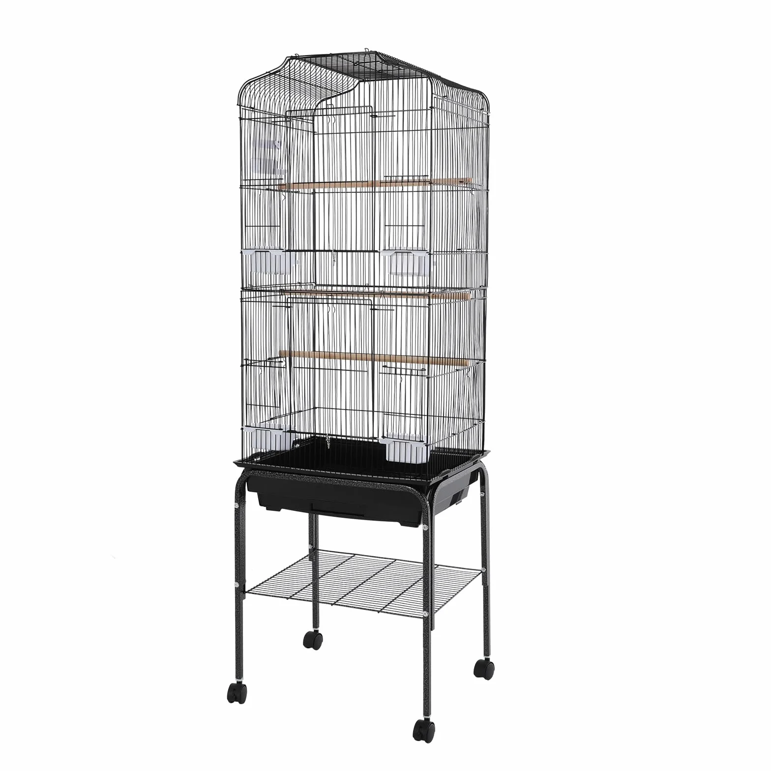 Jaula grande para pájaros con ruedas, para periquitos y loros, con soporte y bandeja de almacenamiento, de metal, con bandeja extensible, 137,5 cm de alto, color negro