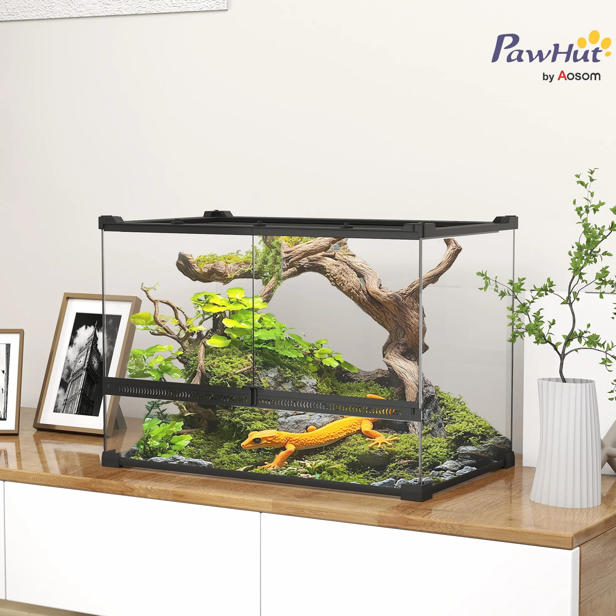 PawHut Caja para Reptiles, caja de cría de Reptiles, Hábitat de Terrario con Cierre de Seguridad por Rotación, Ventilación Frontal, Sin Montaje Requerido, 50 x 30 x 35 cm, Negro