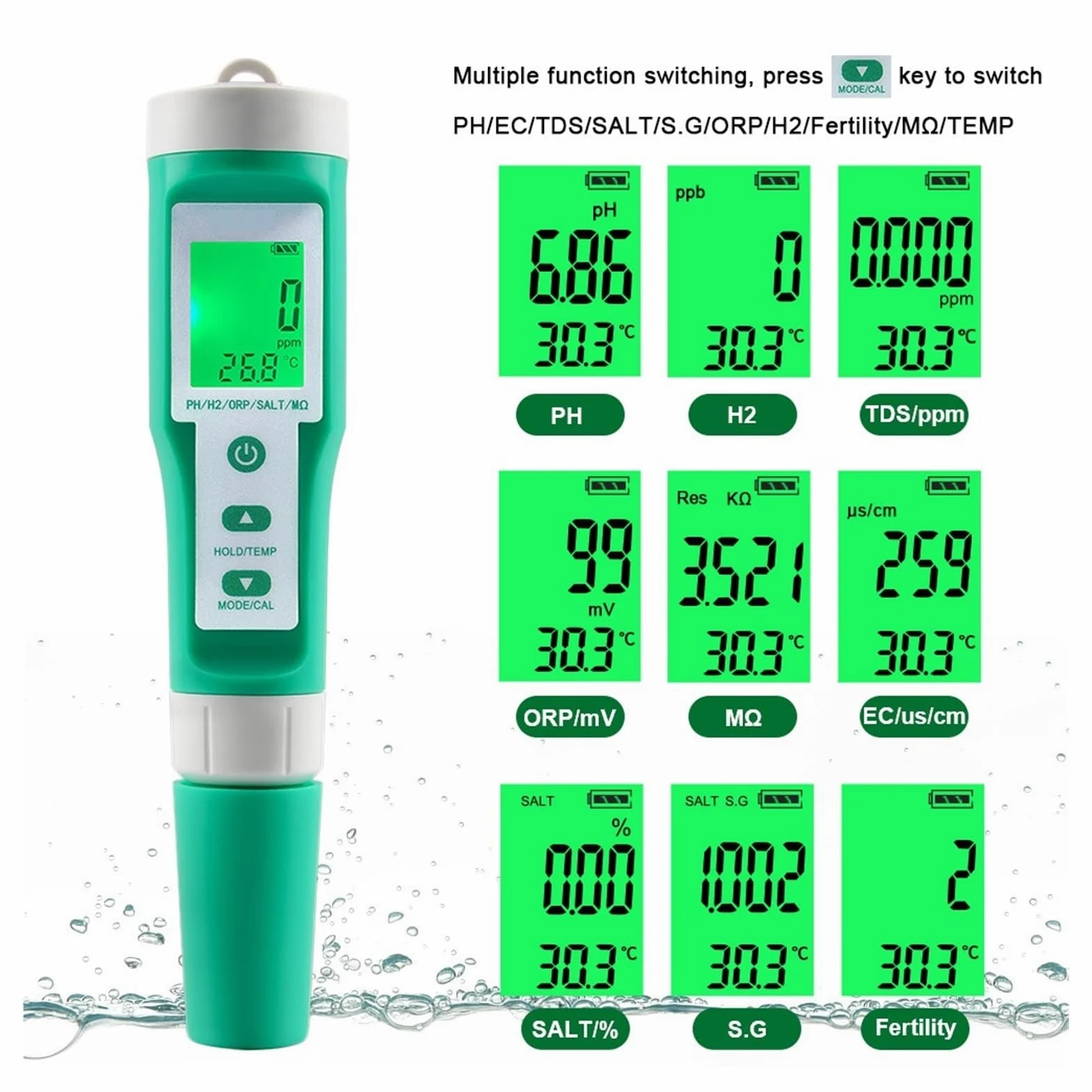 Medidor Agua Medidor De PH Tds Tester Digital ORP EC Salinity H2 SG SPA Acuario Herramienta Prueba Agua Solución Fertilizante Resistividad Instrumentos Multiusos Preciso Fácil