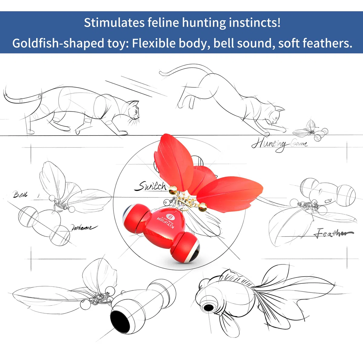 Kitifish - Juguetes automáticos para gatos de interior, juguetes interactivos de plumas para gatos con pluma y campana, juguete eléctrico inteligente para gatitos, juguetes de kitifish