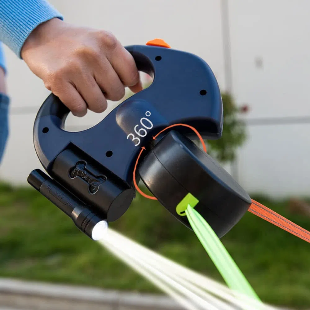 Correa retráctil doble para perro - Correa extensible para mascotas de 10 pies, resistente, de doble cabeza, con cerradura, con linterna LED, bolsas para caca, cuerda elástica reflectante - 360 grados