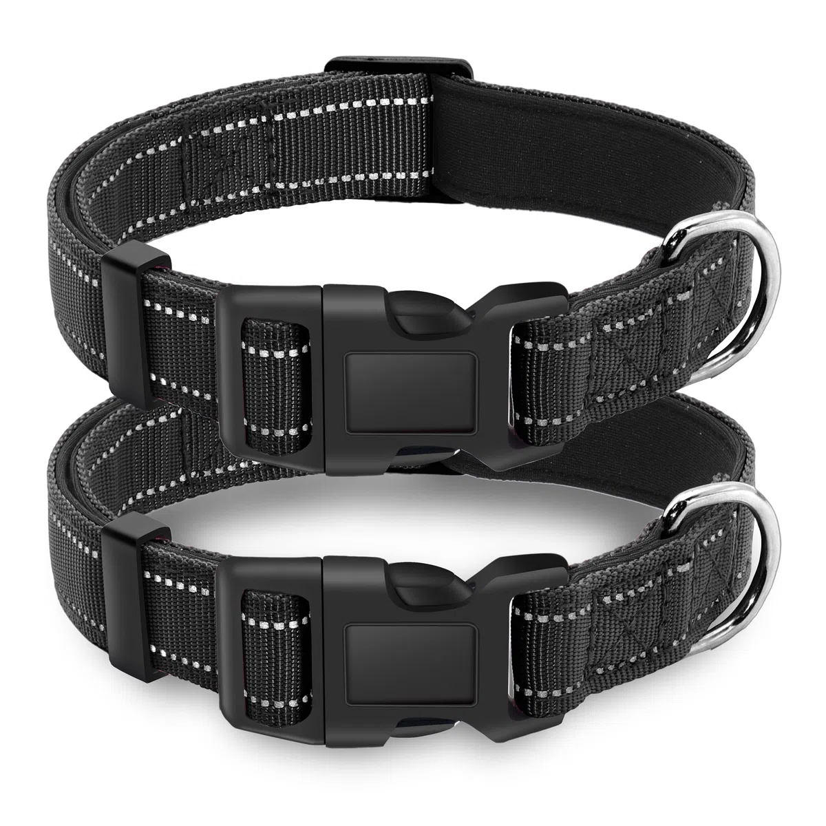 Paquete de 2 collares reflectantes para perro con hebilla de bloqueo de seguridad, ajustable, suave, transpirable, cómodo, de nailon, para perros pequeños, medianos y grandes, negro, M