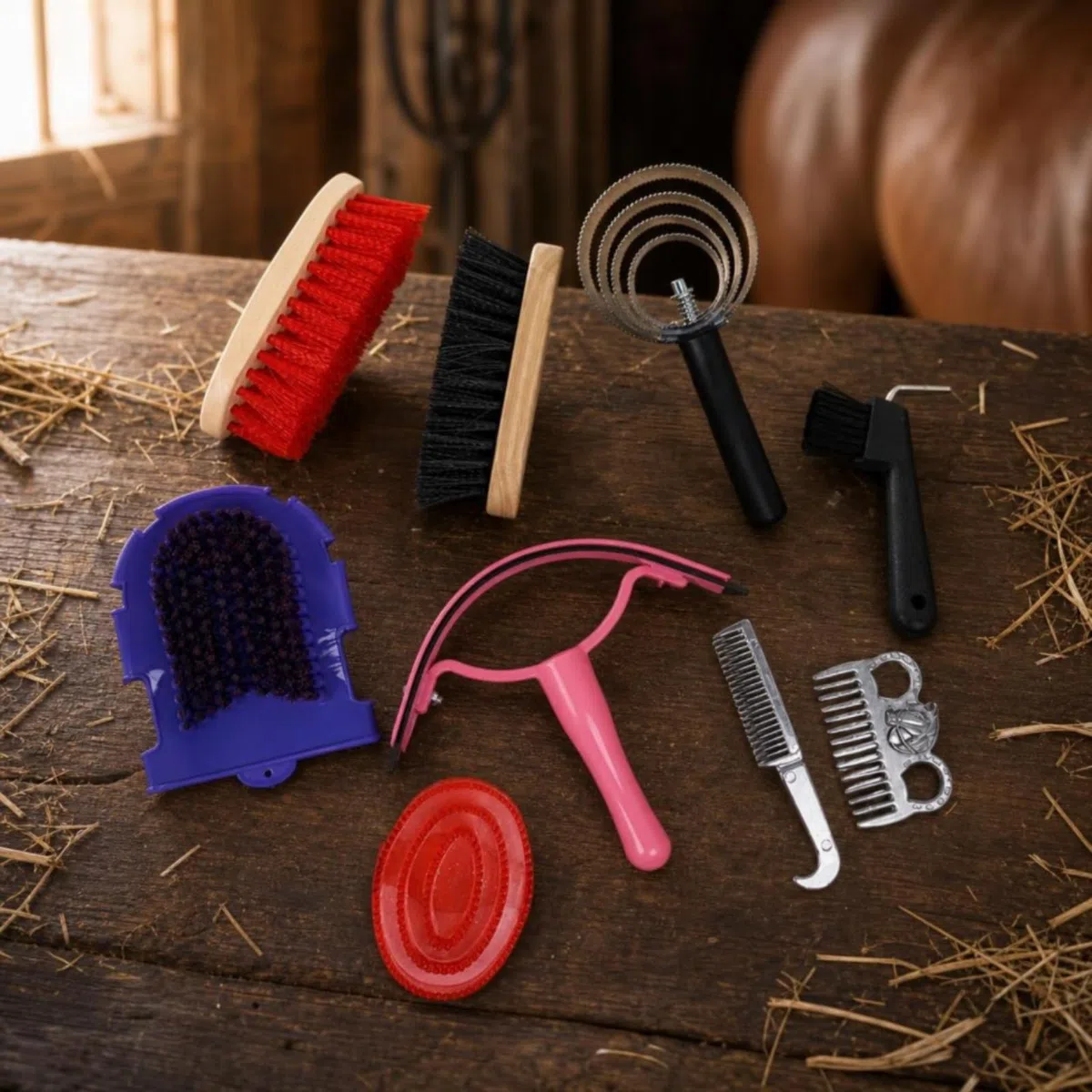 9 Piezas Cepillos para Cuidado Cepillo de Crin Peine Metálico de Goma Cepillo de Mano con Bolsa Impermeable y Mango de Madera Adecuado para Viajes Ecuestres