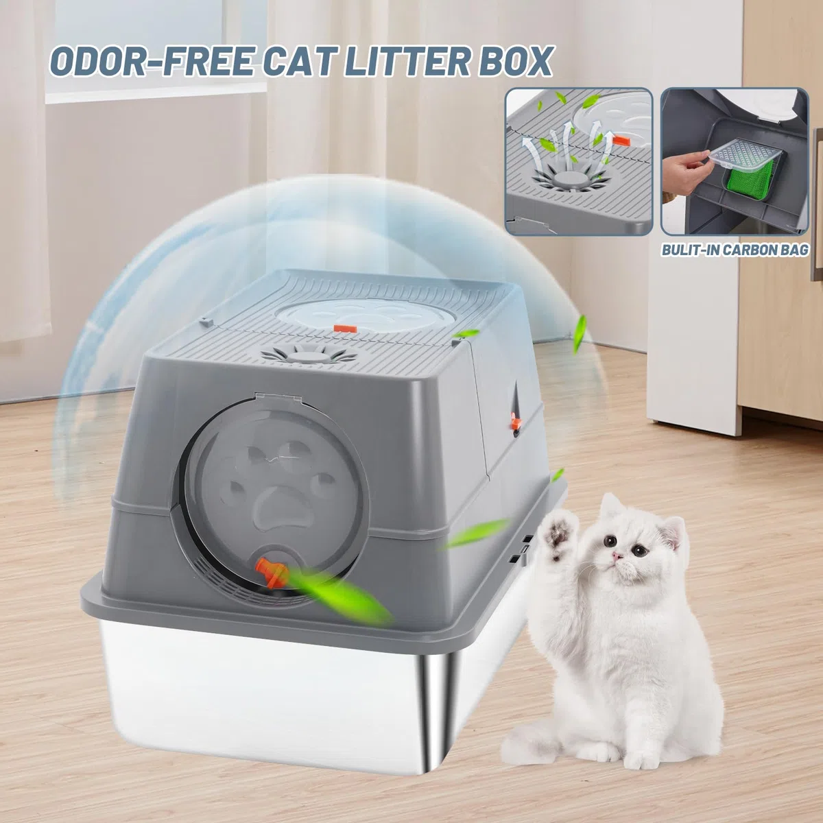 Arenero Gato Acero Inoxidable XXL, Arenero Gato Grande - Arenero de Metal para Gatos Grandes con Bordes Altos, Superficie Antiadherente, 60 x 40 x 40 cm Gris