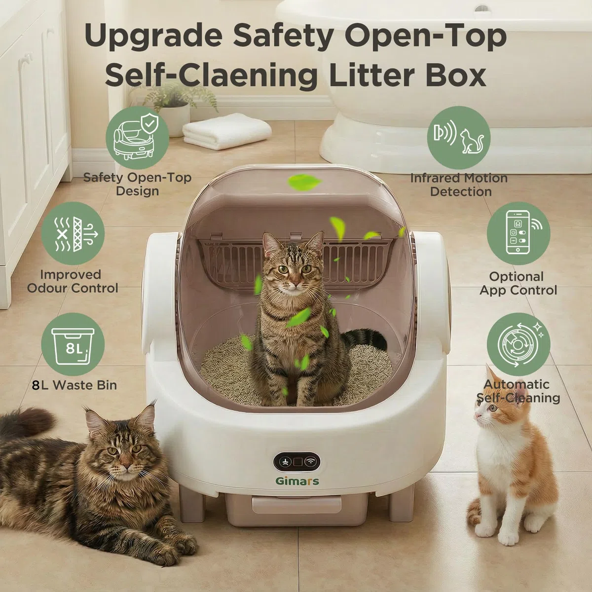 Gimars Caja de Arena autolimpiable con diseño de Parte Superior Abierta, Caja de Arena automática para Gatos múltiples y Gatos Mayores, Control de aplicación con sensores de Seguridad, bajo Olor