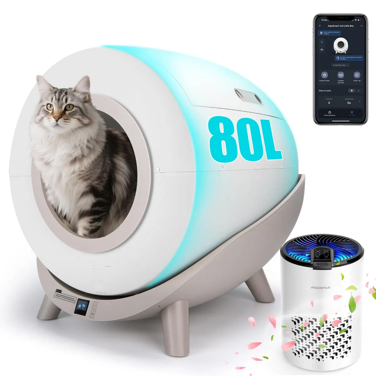 Nobleza Arenero Autolimpiable para Gatos SL01 - Caja de Arena Automática de 80L con Control por App, Ideal para Varios Gatos, Incluye 2 Rollos de Bolsas + Purificador de Aire HEPA, Blanco