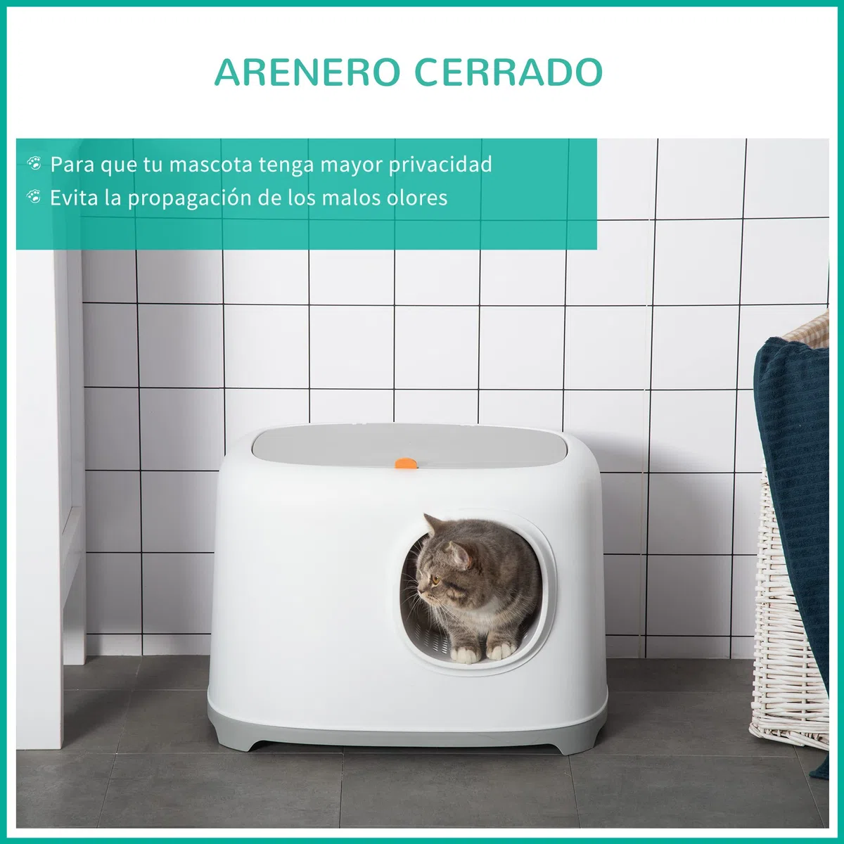 PawHut Caja de Arena para Gatos Arenero Cerrado para Gatos con Techo Abatible Orificio de Entrada Bandeja Extraíble y Pala Incluida 55x40x39 cm Blanco