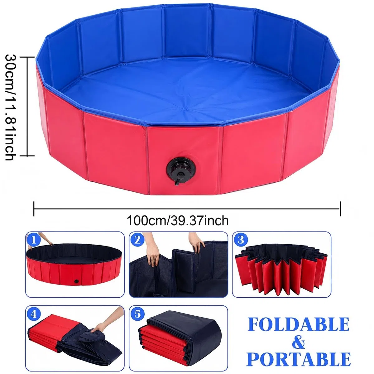 Piscina para perros, 100 x 30 cm, plegable con orificio de drenaje, piscina infantil para mascotas, piscina plegable, piscina para perros, piscina infantil robusta para perros y gatos