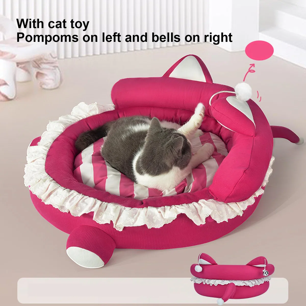 Fockety Cama para Perros Pequeños, Linda Forma 3D Colchón para Perros con Cama para Mascotas con Almohada de Cuello Elevado, Cómodo y Suave Cama Redonda para Mascotas con Juguetes para (M)