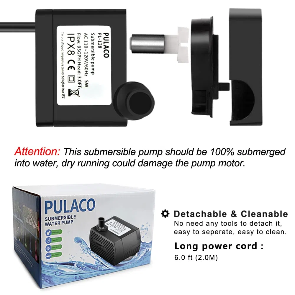 PULACO 2 mini bombas de fuente (50 GPH 3 W), bomba de agua sumergible ultra silenciosa para acuario, tanque de peces pequeño, fuente de agua para mascotas, fuentes de mesa, jardines de agua y sistemas