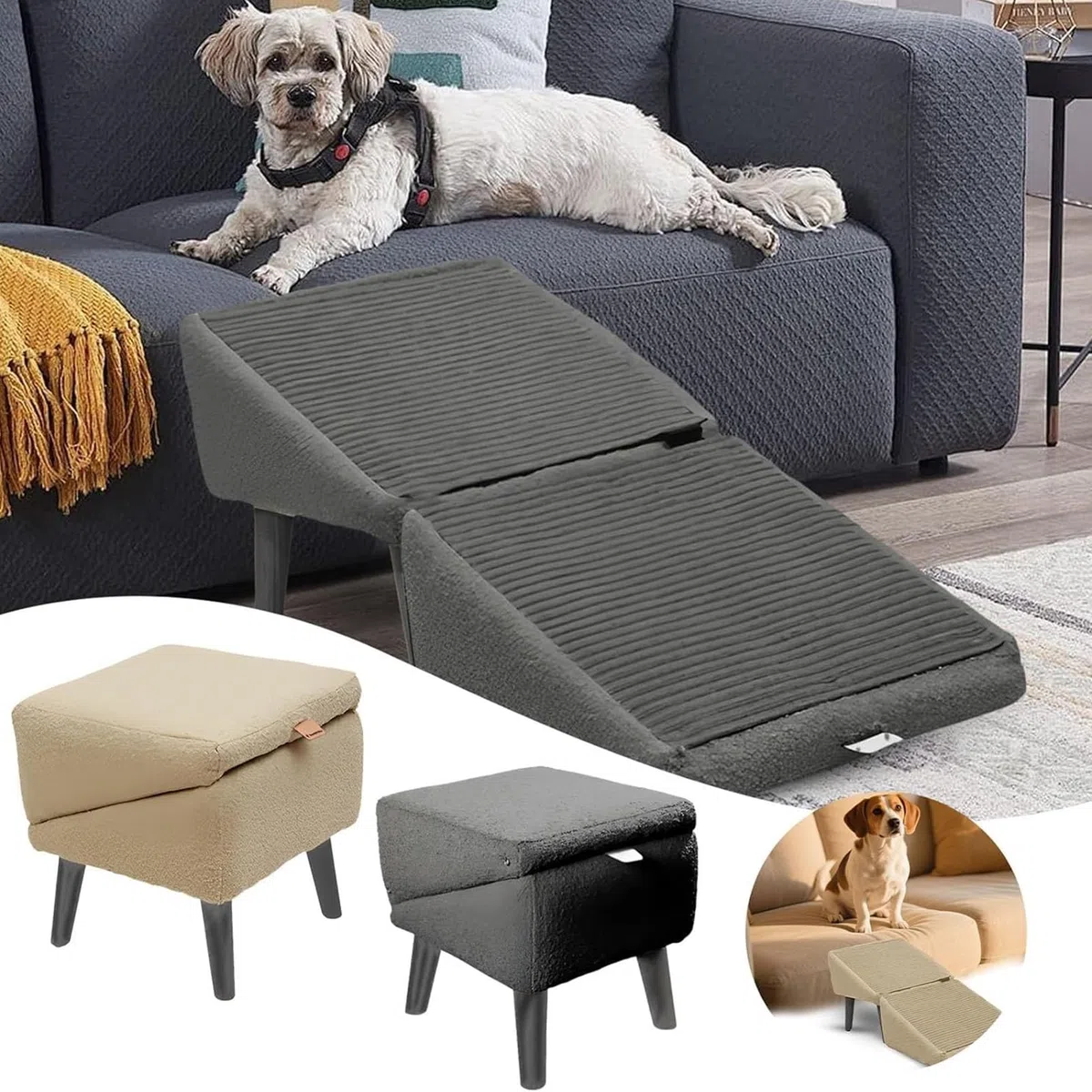 Rampa Otomana Dividida para Perros, Rampa Y Otomana Todo En Uno, Escalera Multifuncional para Perros, Rampa Y Otomana Plegable, Rampas para Camas De Perros Grandes Y Pequeños(Khaki)