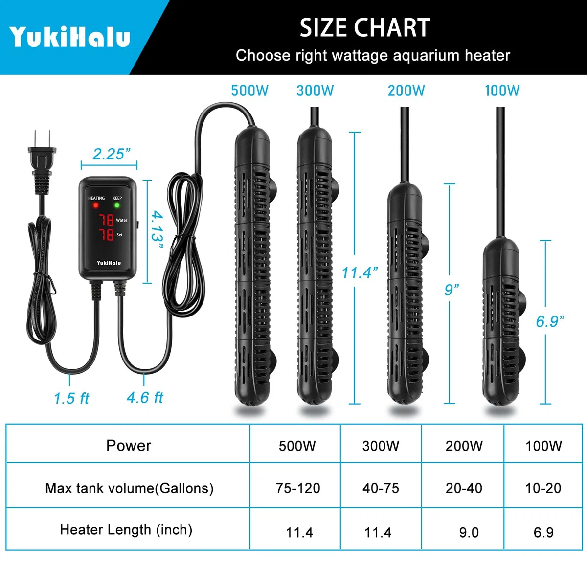 YukiHalu Calentador de acuario de 50/100/200/300/500 W con funda protectora, calentador de pecera, temperatura ajustable, controlador de temperatura externo, pantalla LED, utilizado para 300 W