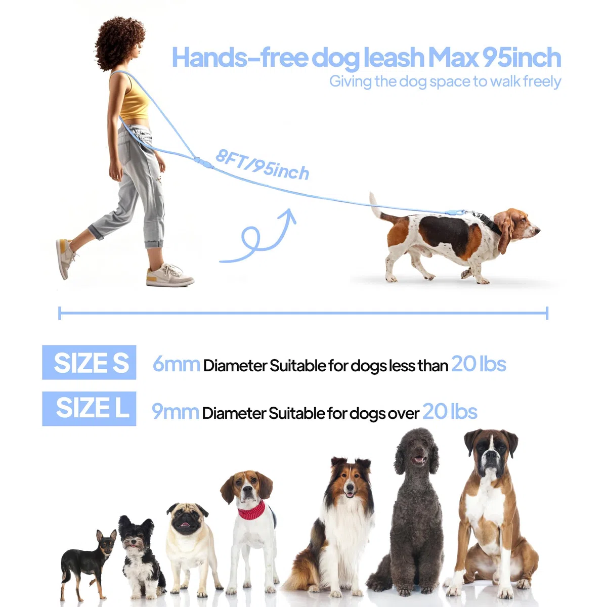 PetiFine Correa de perro manos libres, correa cruzada para pasear al perro, correa multifuncional impermeable de 8 pies para nadar, correr, entrenar (S, azul)